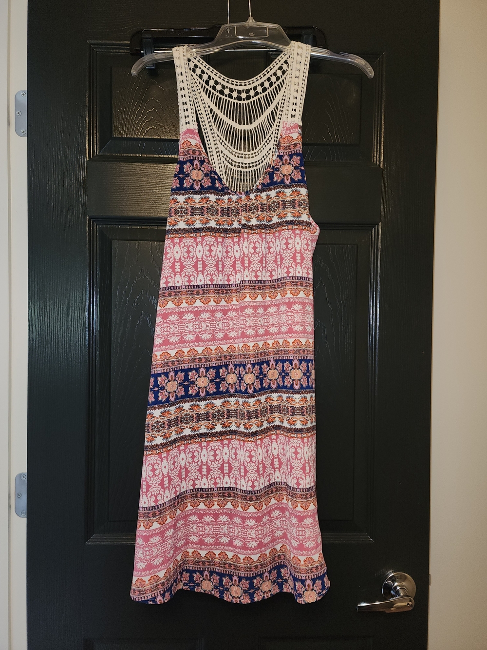 Lush Pink and Navy Crochet-Back Dress